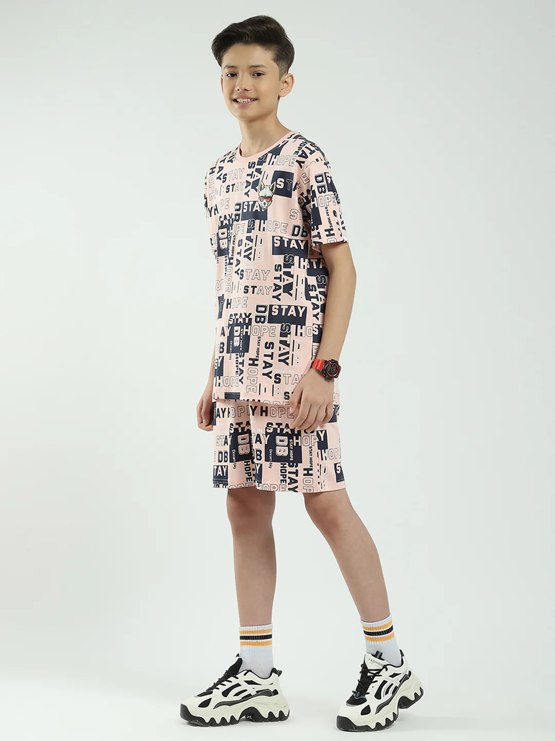 Boys Peach Printed Round Neck Half Sleeve Bermuda Set - Image 3