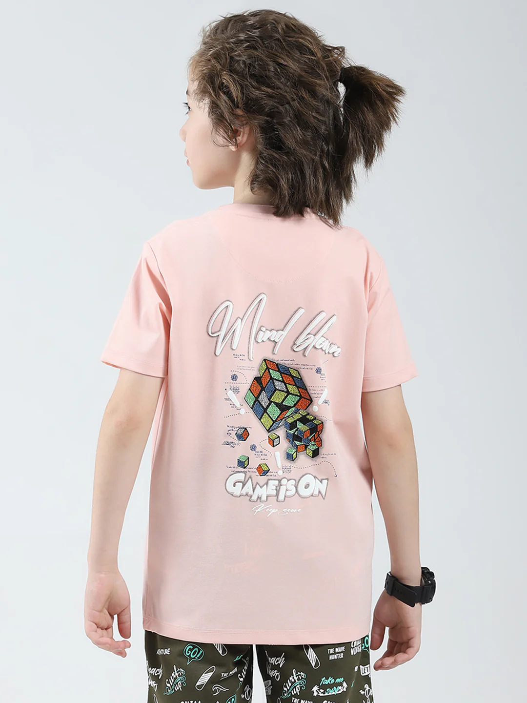 Boys Peach Printed Round Neck Half Sleeve T-Shirt - Image 5