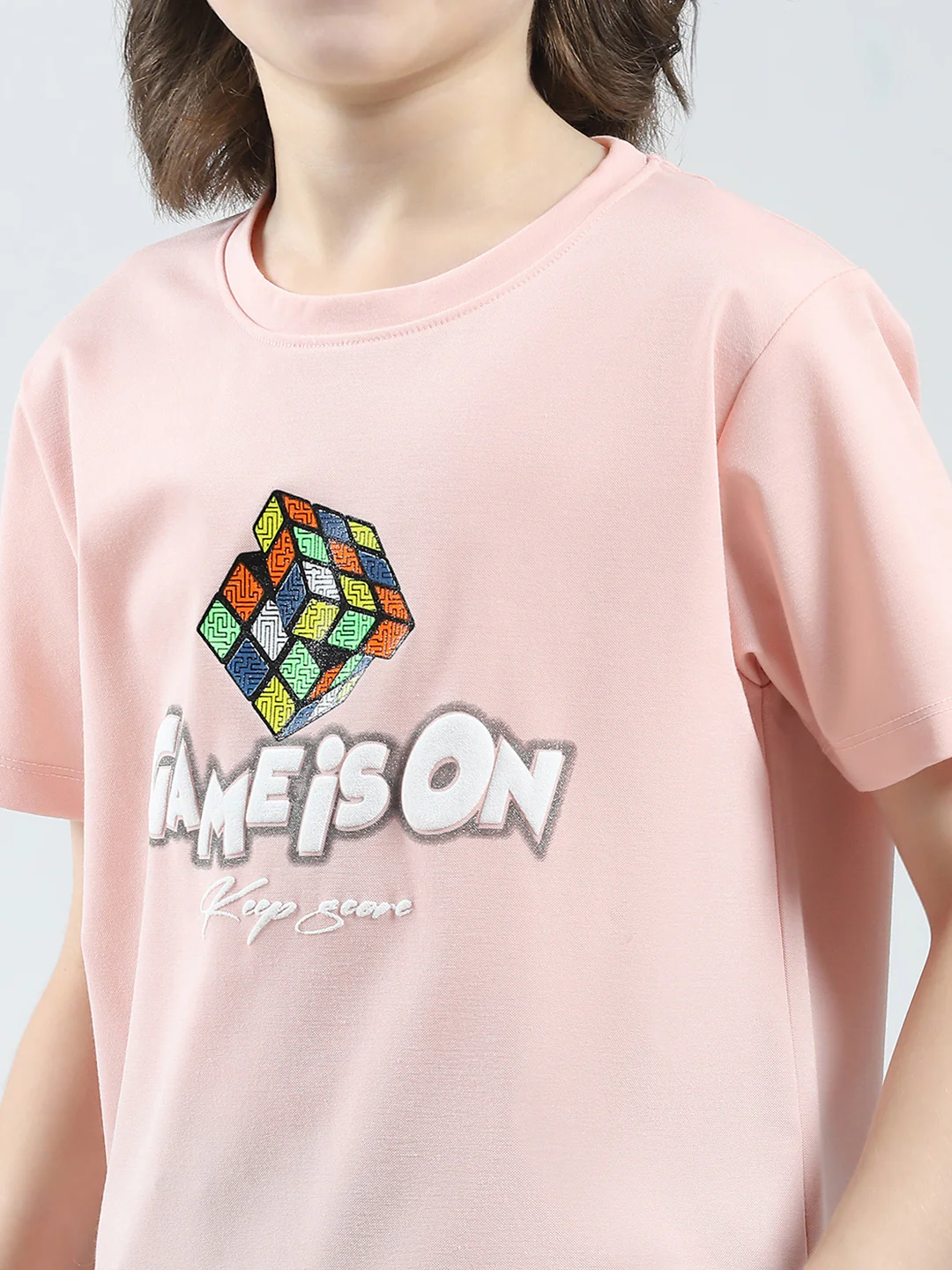 Boys Peach Printed Round Neck Half Sleeve T-Shirt - Image 6