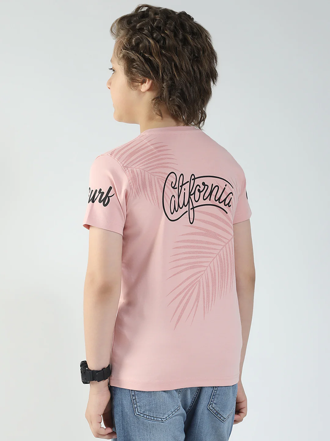 Boys Peach Printed Round Neck Half Sleeve T-Shirt - Image 5