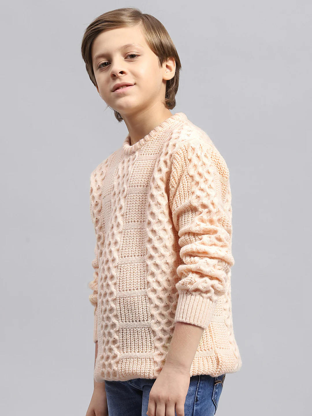 Boys Peach Self Design Round Neck Full Sleeve Pullover - Image 3