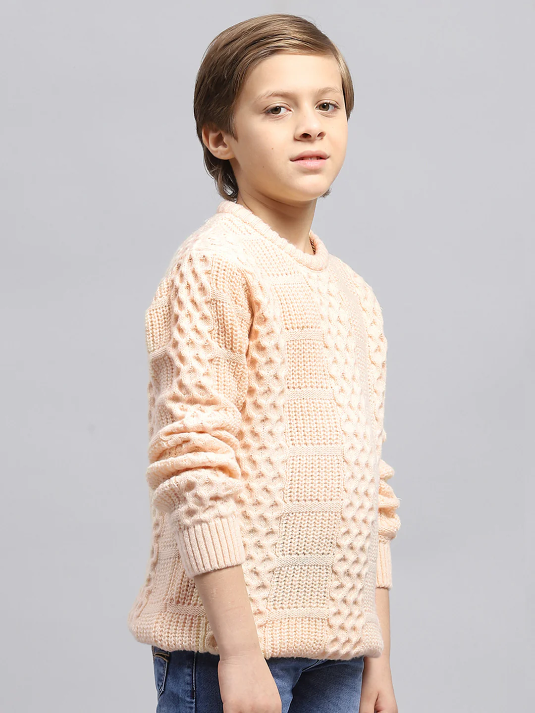 Boys Peach Self Design Round Neck Full Sleeve Pullover - Image 4