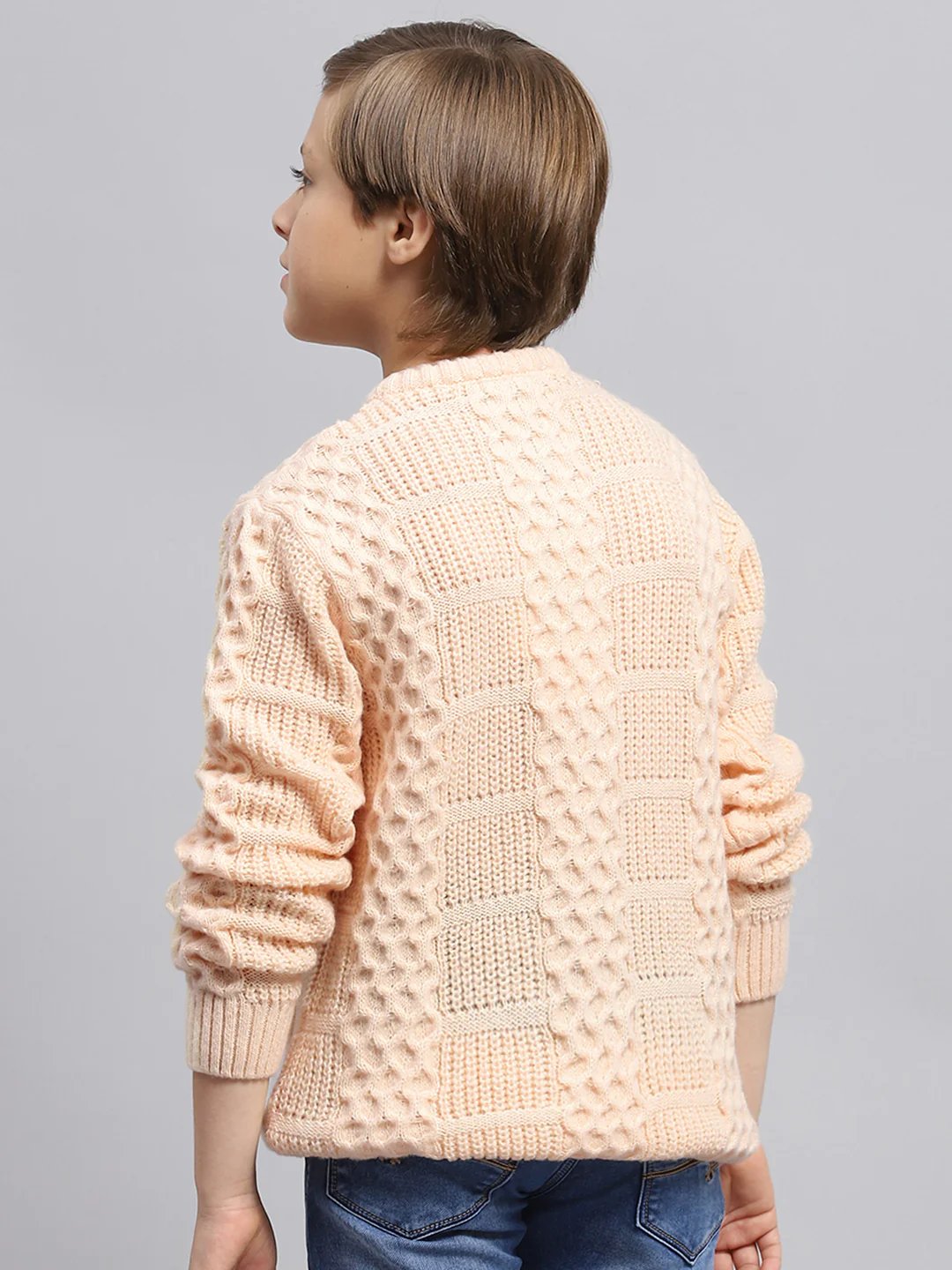 Boys Peach Self Design Round Neck Full Sleeve Pullover - Image 5