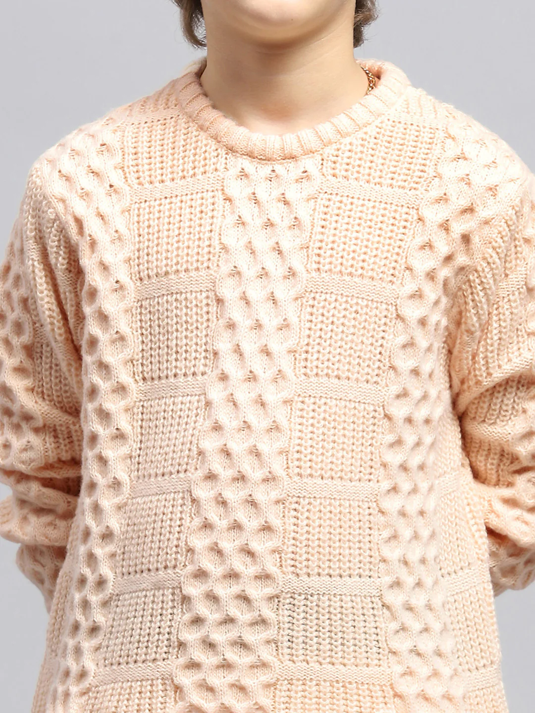 Boys Peach Self Design Round Neck Full Sleeve Pullover - Image 6