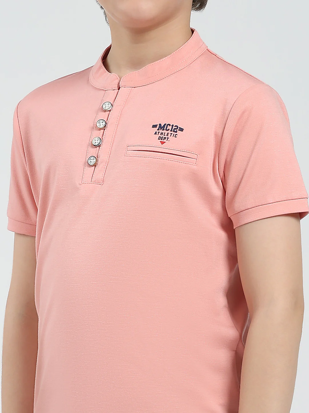 Boys Peach Solid Band Collar Half Sleeve T-Shirt - Image 6