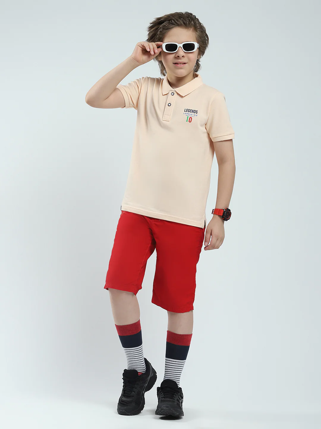 Boys Peach Solid Collar Half Sleeve T-Shirt - Image 2