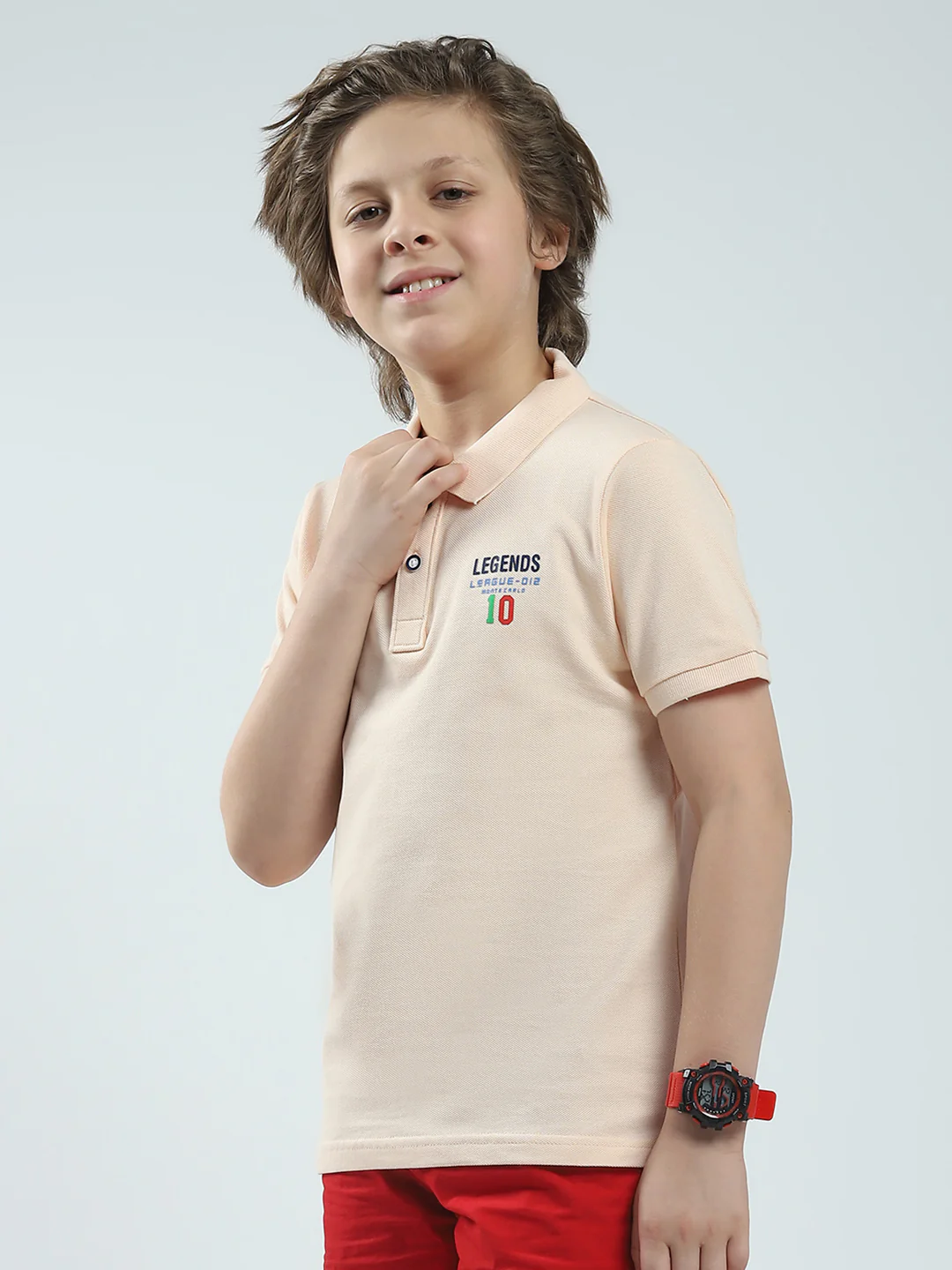 Boys Peach Solid Collar Half Sleeve T-Shirt - Image 3