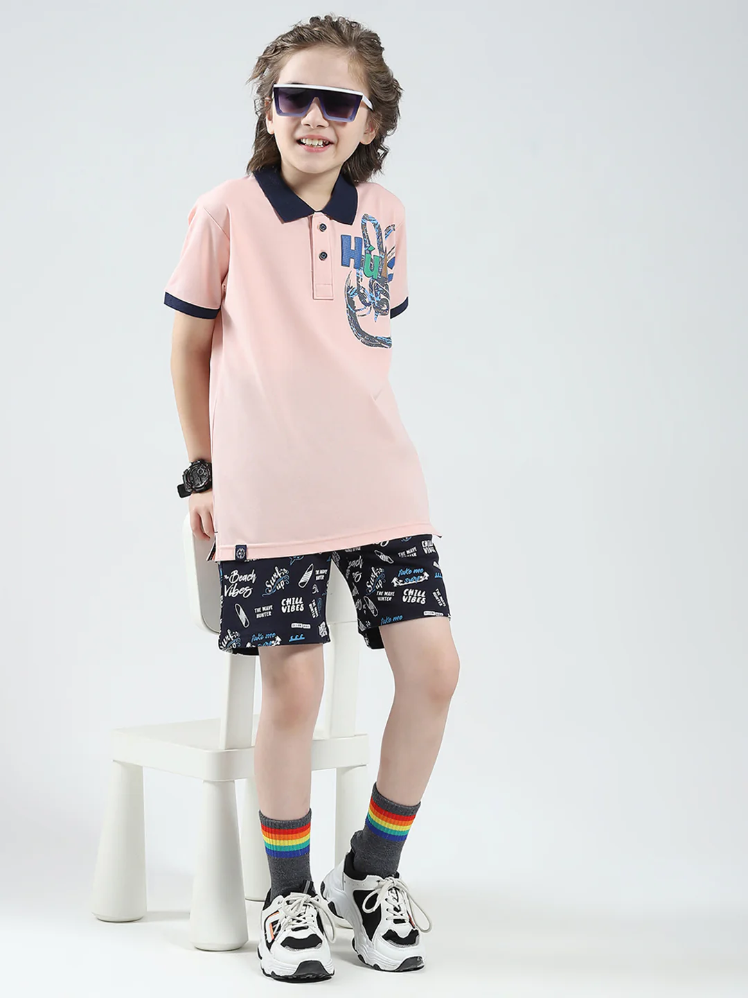 Boys Pink Printed Collar Half Sleeve T-Shirt - Image 2