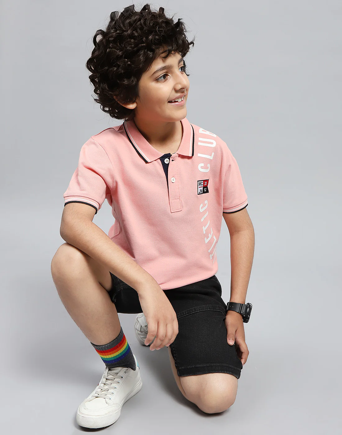 Boys Pink Printed Polo Collar Half Sleeve T-Shirt - Image 2
