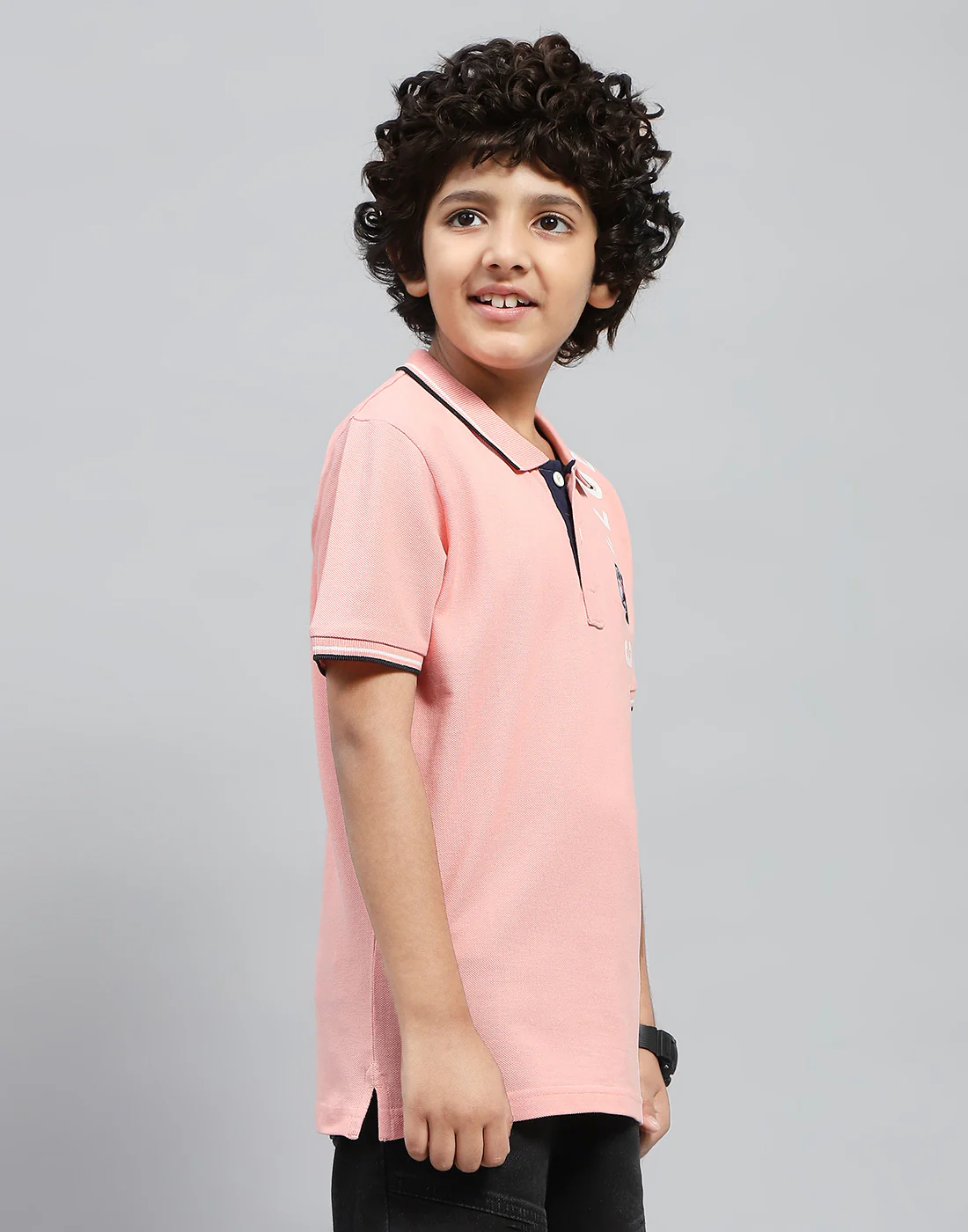 Boys Pink Printed Polo Collar Half Sleeve T-Shirt - Image 4
