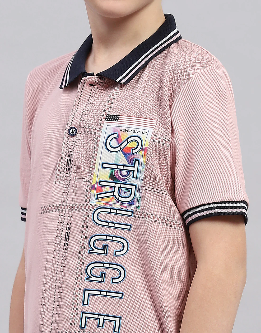 Boys Pink Printed Polo Collar Half Sleeve T-Shirt - Image 6