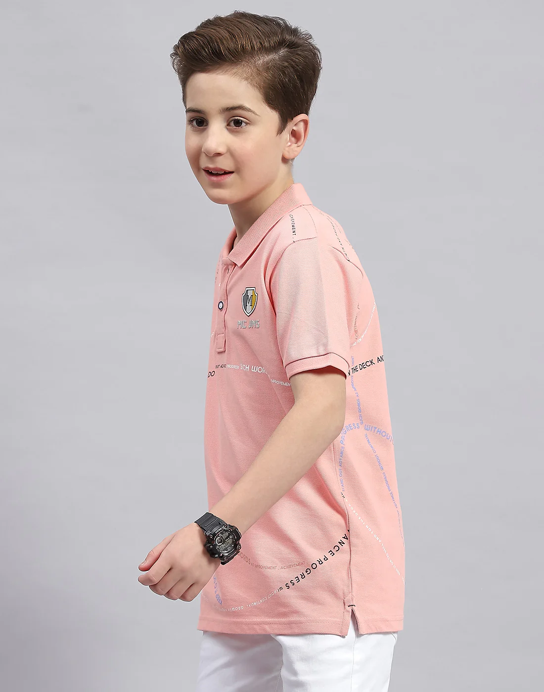 Boys Pink Printed Polo Collar Half Sleeve T-Shirt - Image 3
