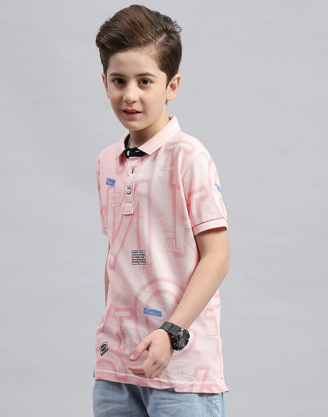 Boys Pink Printed Polo Collar Half Sleeve T-Shirt - Image 3