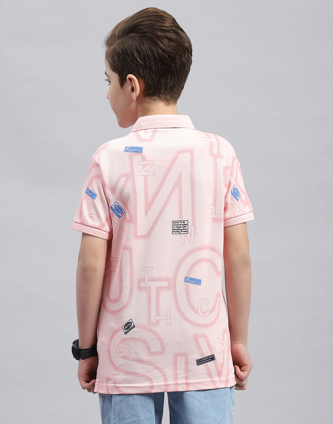 Boys Pink Printed Polo Collar Half Sleeve T-Shirt - Image 5