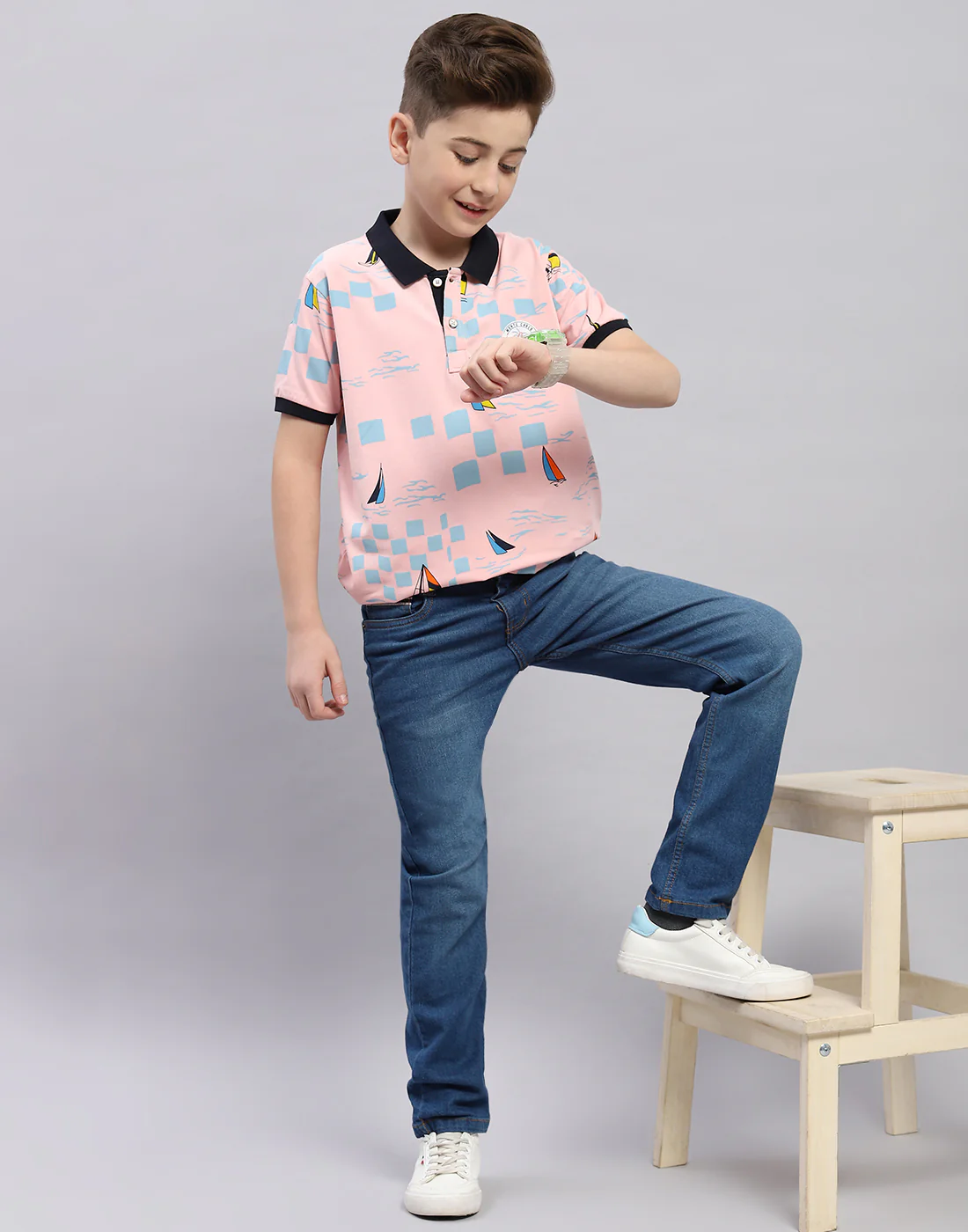 Boys Pink Printed Polo Collar Half Sleeve T-Shirt - Image 2