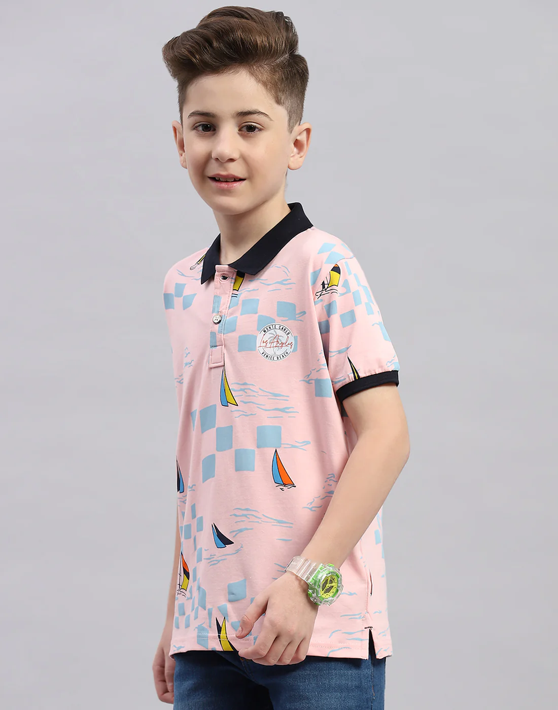 Boys Pink Printed Polo Collar Half Sleeve T-Shirt - Image 3