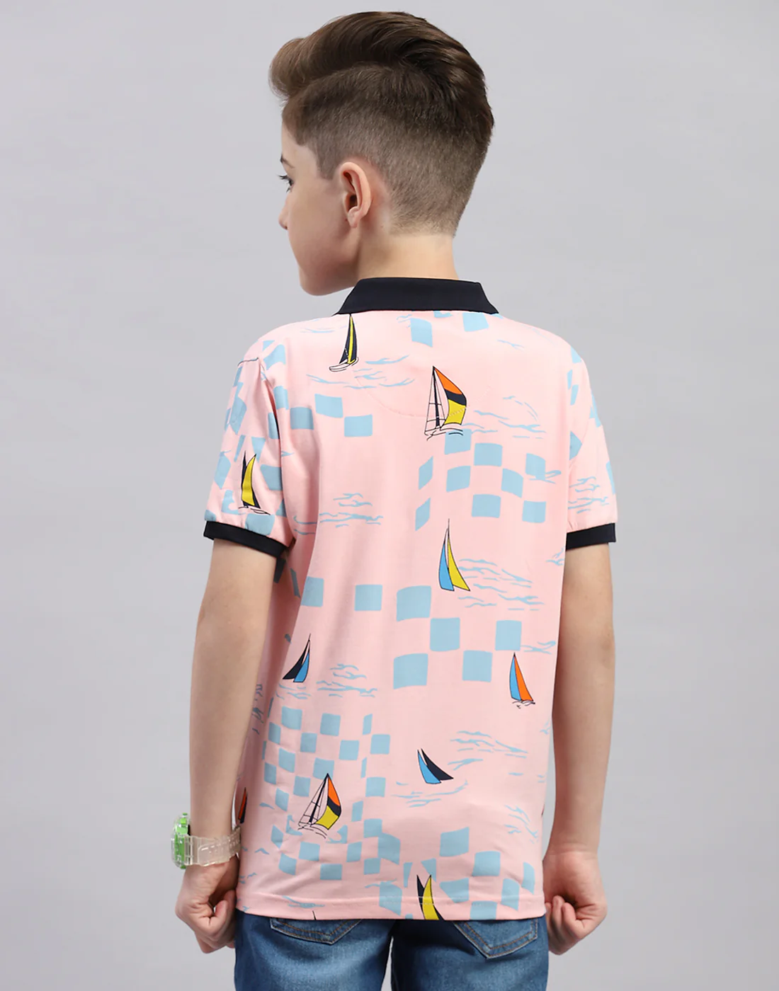 Boys Pink Printed Polo Collar Half Sleeve T-Shirt - Image 5