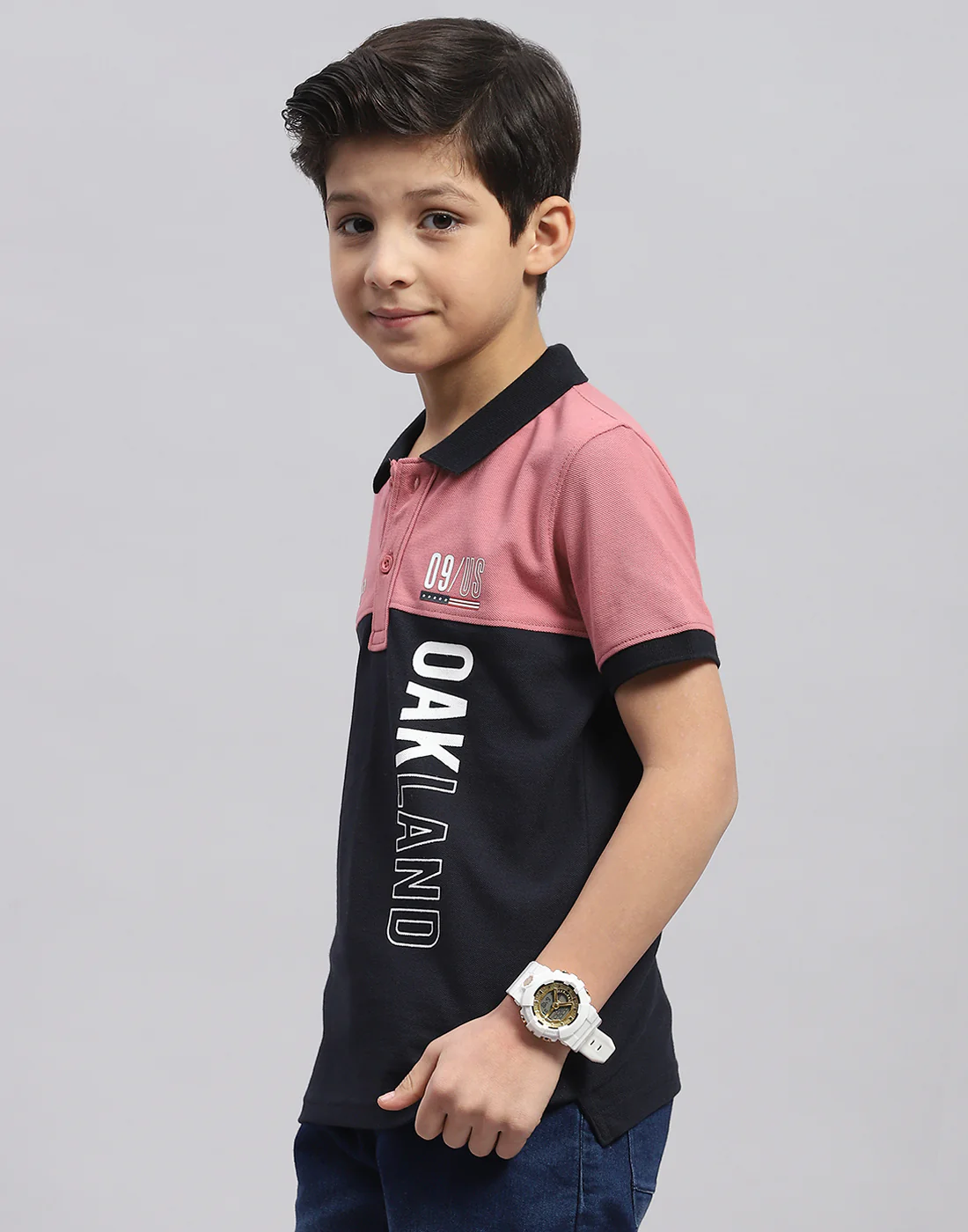Boys Pink Printed Polo Collar Half Sleeve T-Shirt - Image 3
