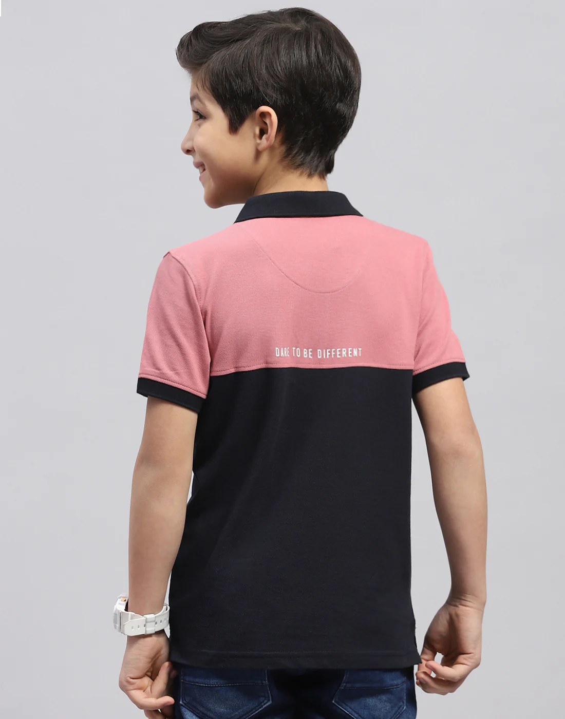 Boys Pink Printed Polo Collar Half Sleeve T-Shirt - Image 5