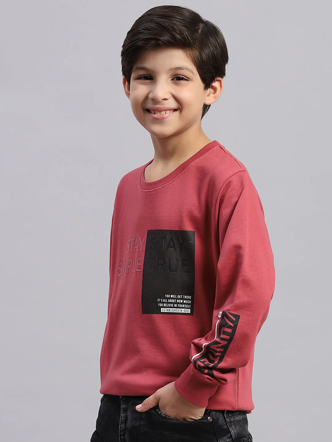 Boys Pink Printed Round Neck Full Sleeve Sweatshirt - Image 3
