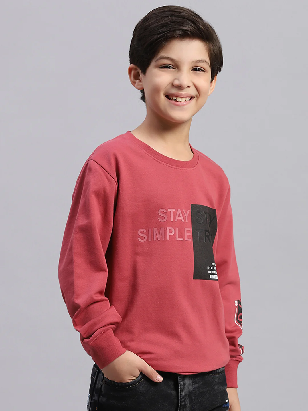 Boys Pink Printed Round Neck Full Sleeve Sweatshirt - Image 4