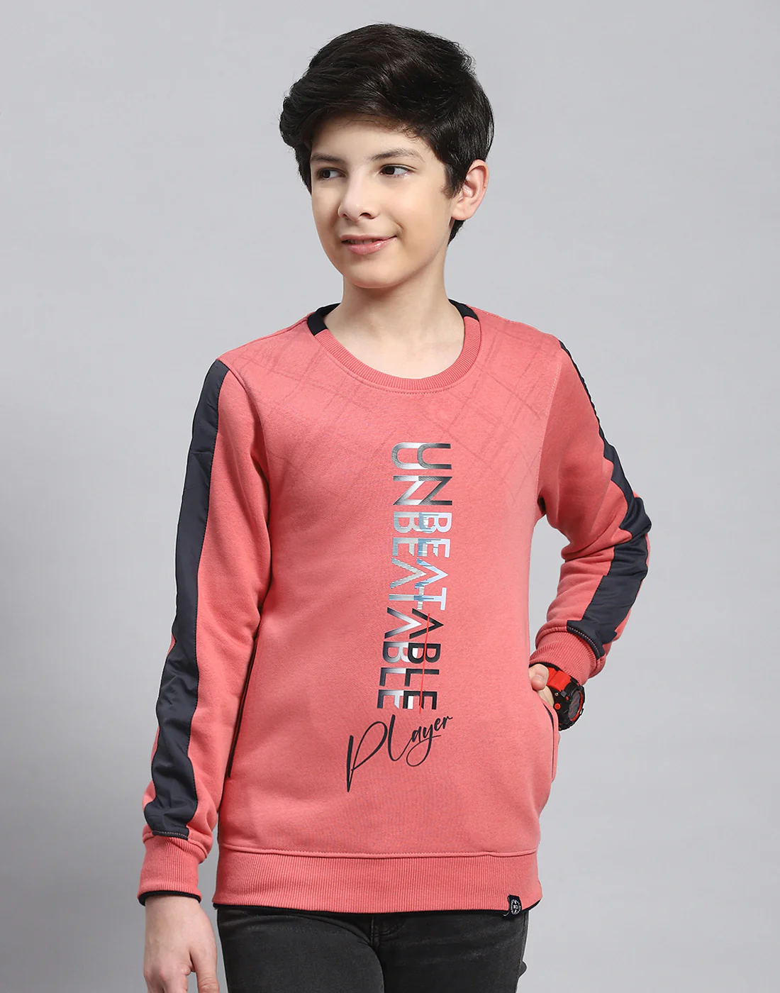 Boys Pink Printed Round Neck Full Sleeve Sweatshirt - Image 2