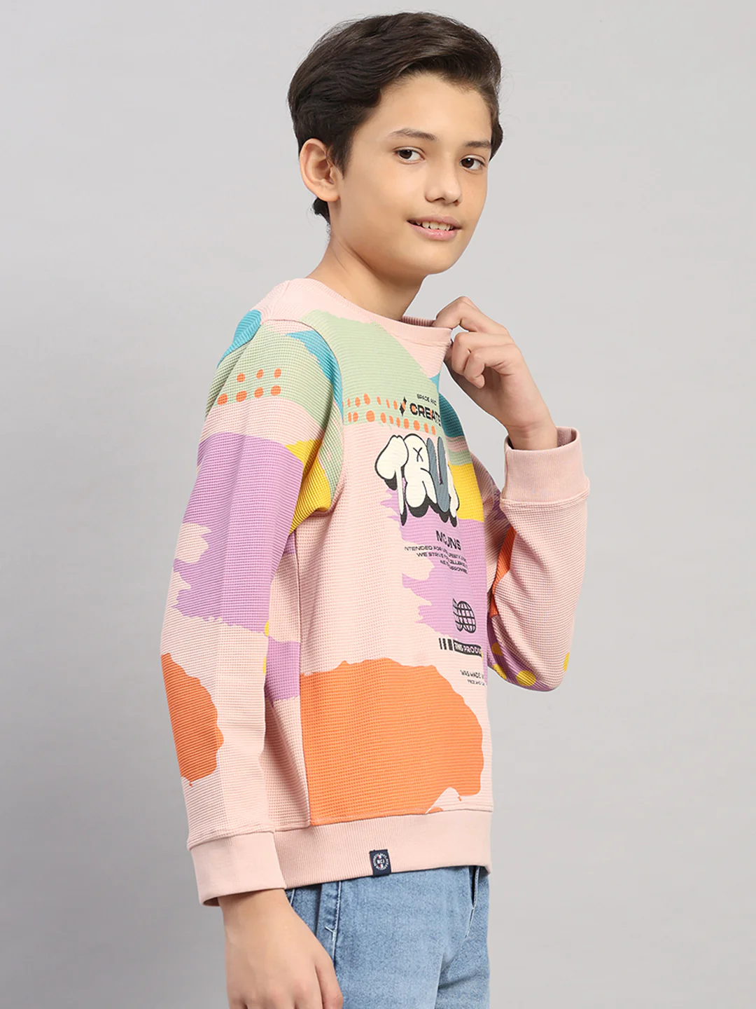 Boys Pink Printed Round Neck Full Sleeve Sweatshirt - Image 4