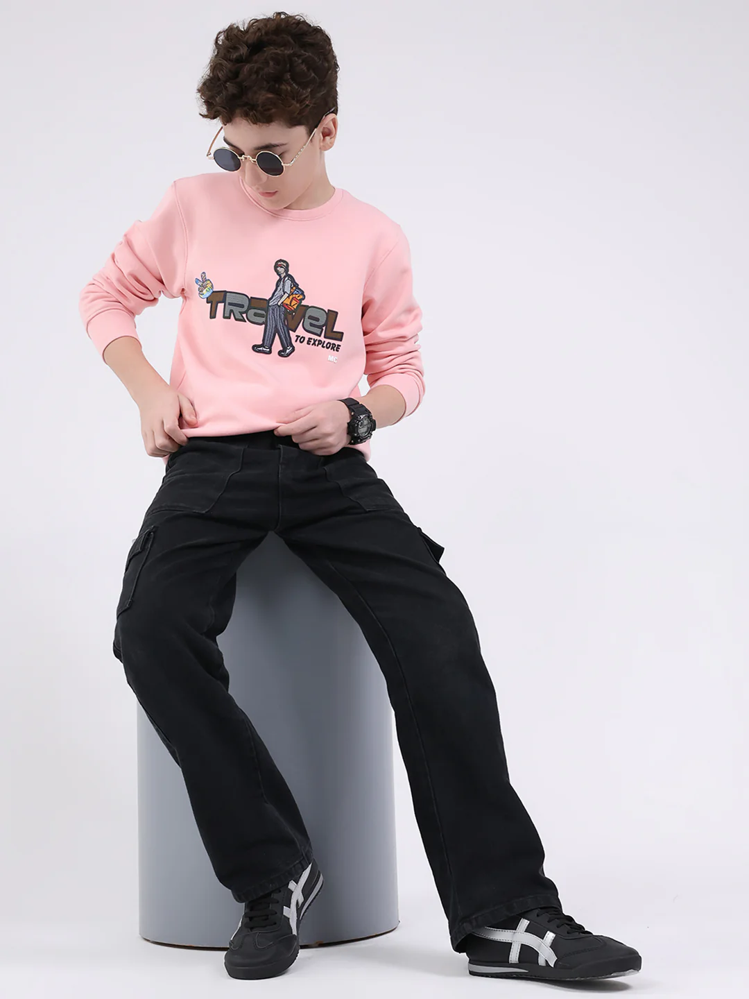 Boys Pink Printed Round Neck Full Sleeve Sweatshirt - Image 2
