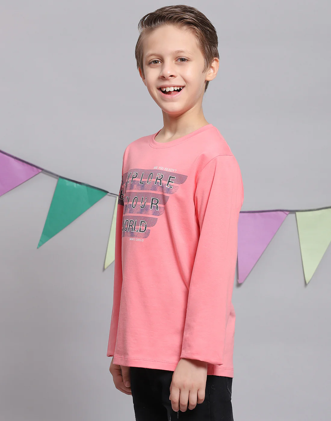 Boys Pink Printed Round Neck Full Sleeve T-Shirts - Image 3