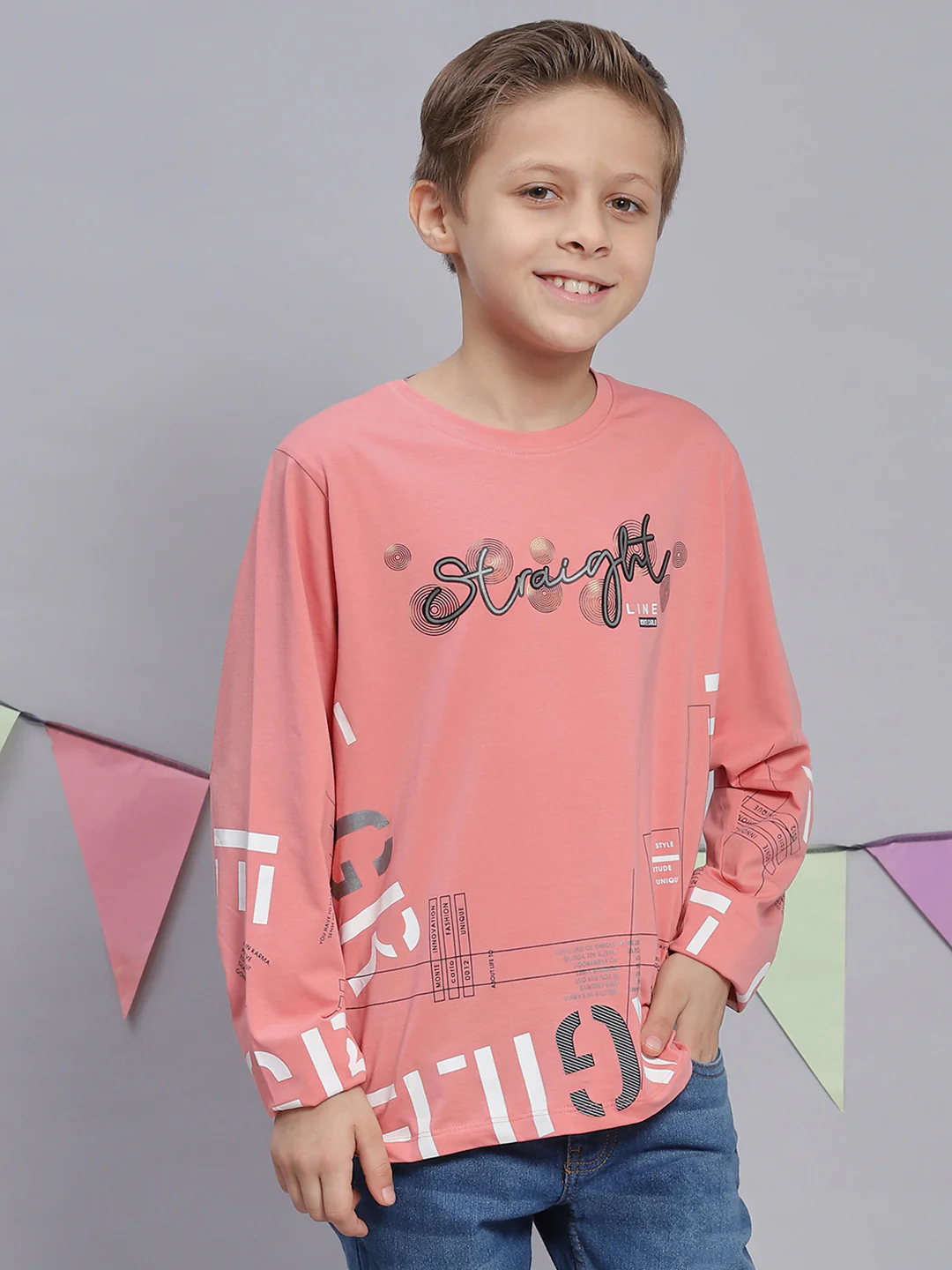 Boys Pink Printed Round Neck Full Sleeve T-Shirts - Image 2