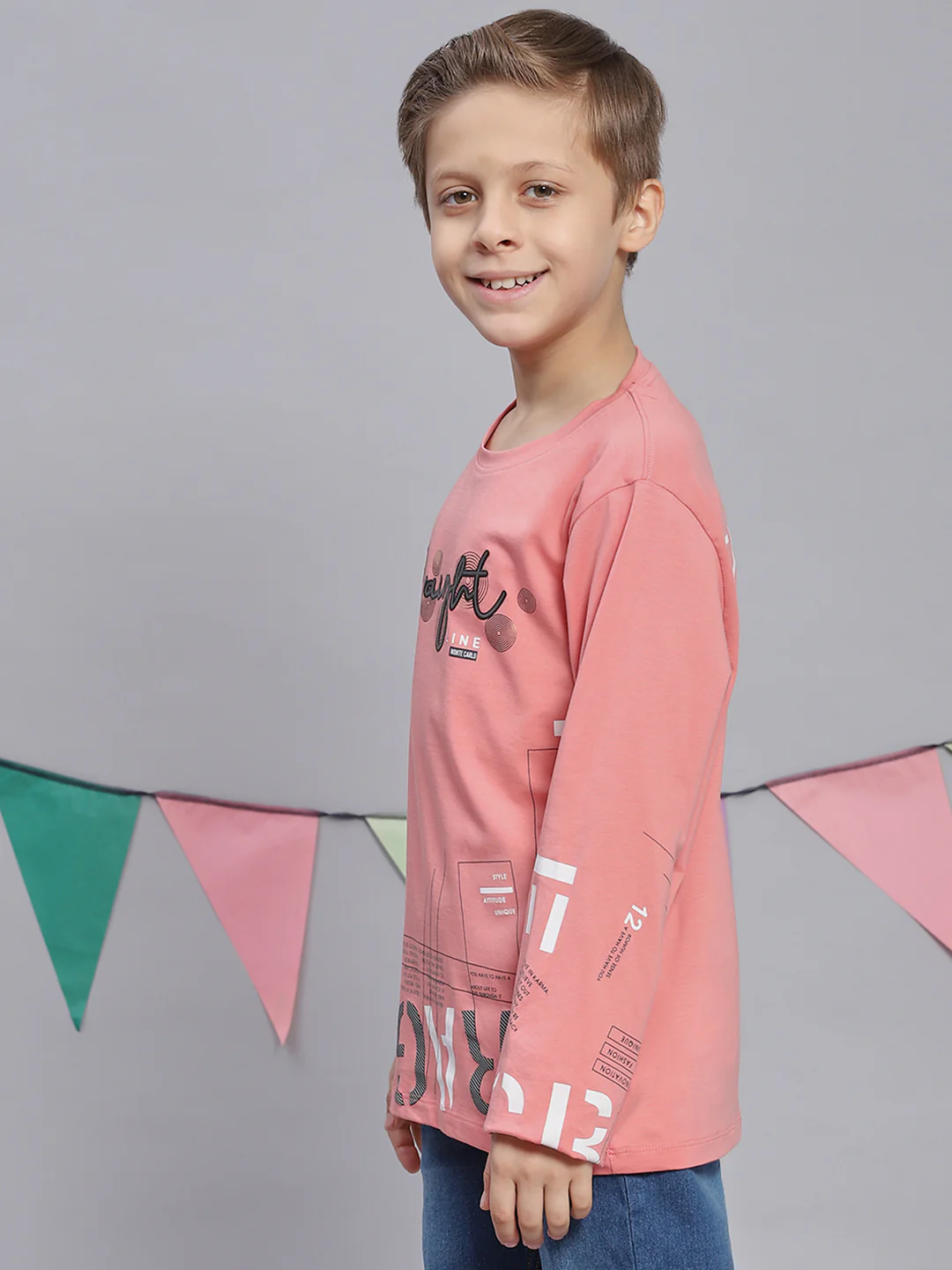 Boys Pink Printed Round Neck Full Sleeve T-Shirts - Image 3