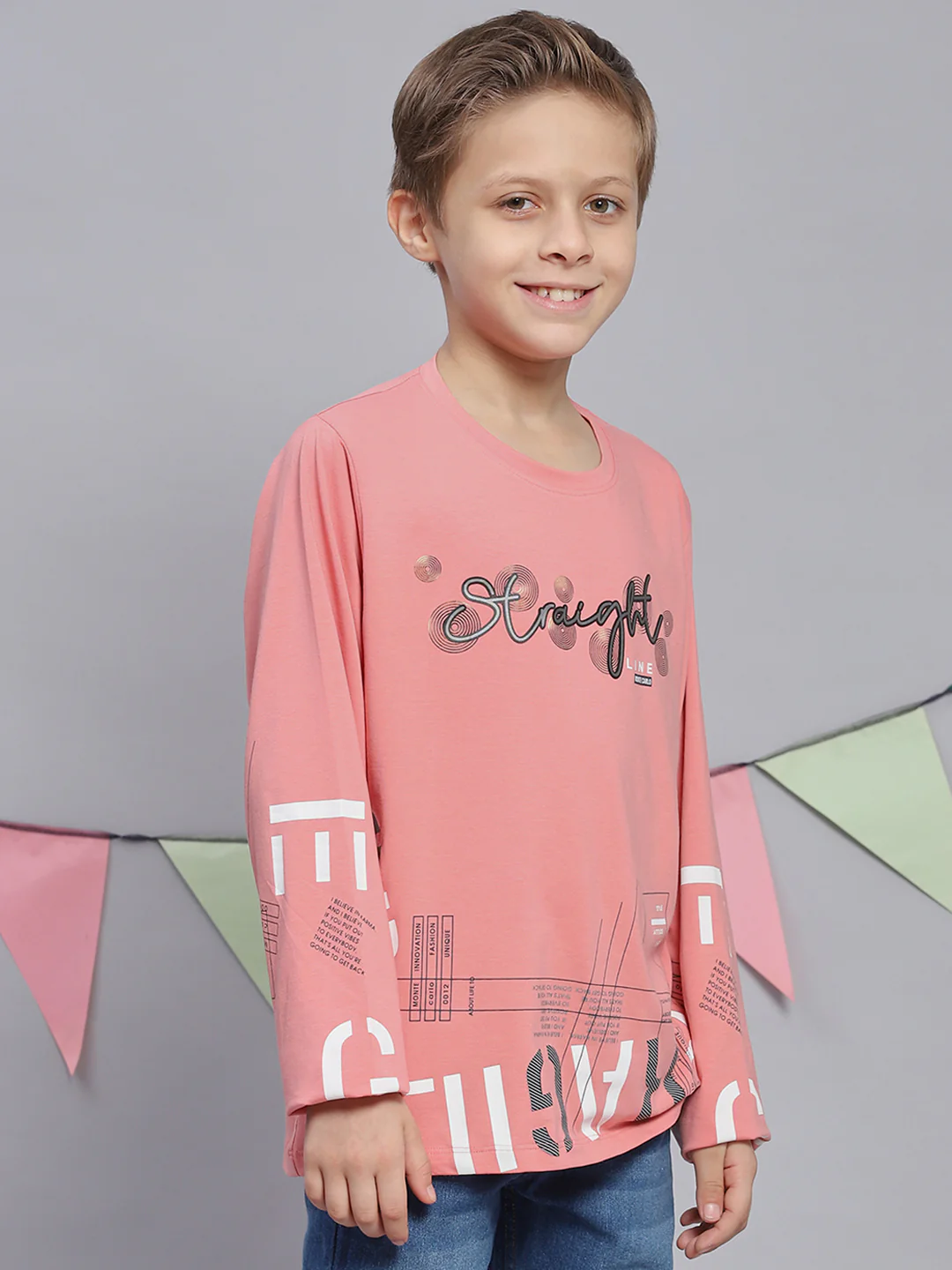Boys Pink Printed Round Neck Full Sleeve T-Shirts - Image 4