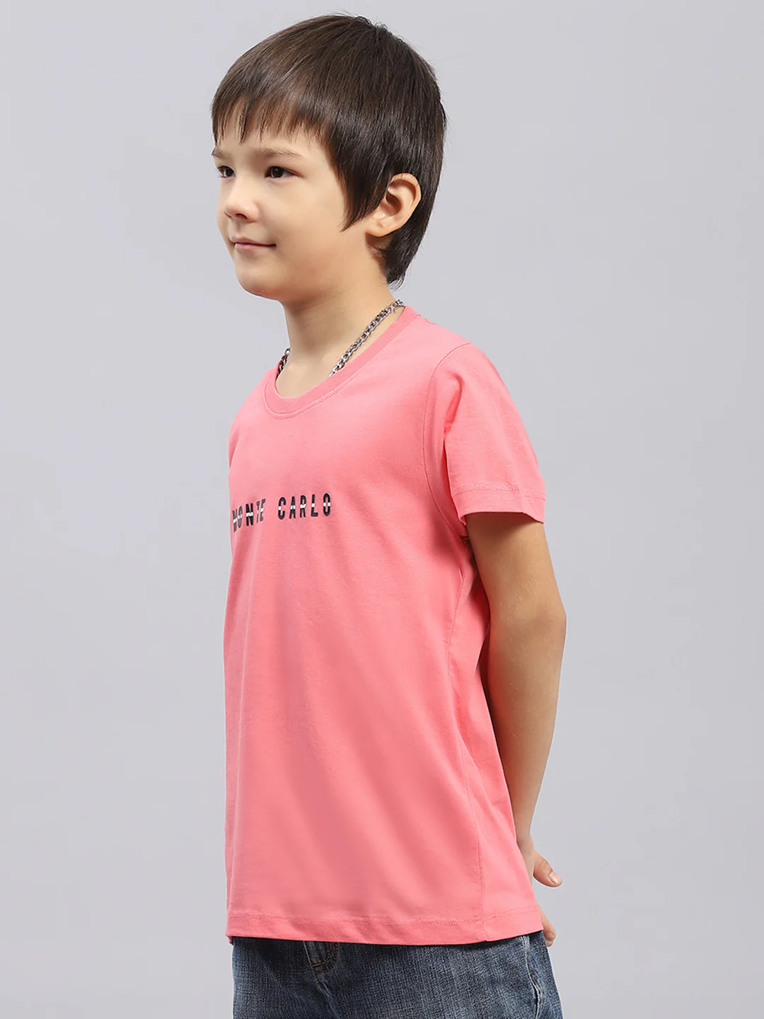 Boys Pink Printed Round Neck Half Sleeve T-Shirt - Image 3