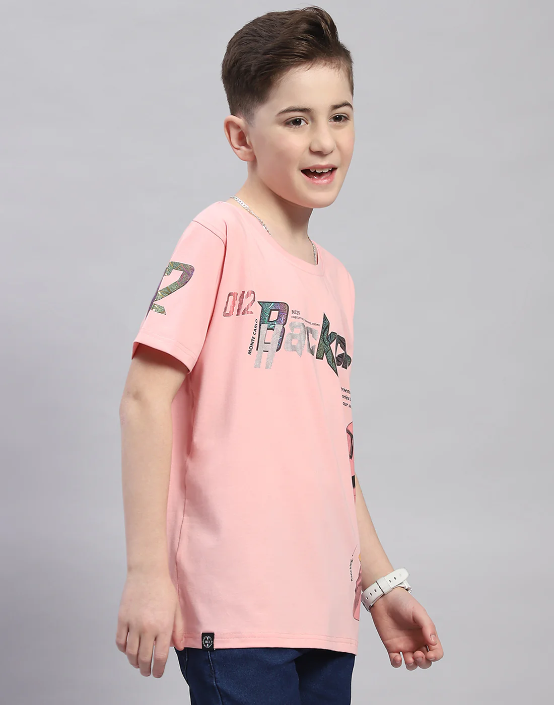 Boys Pink Printed Round Neck Half Sleeve T-Shirt - Image 4
