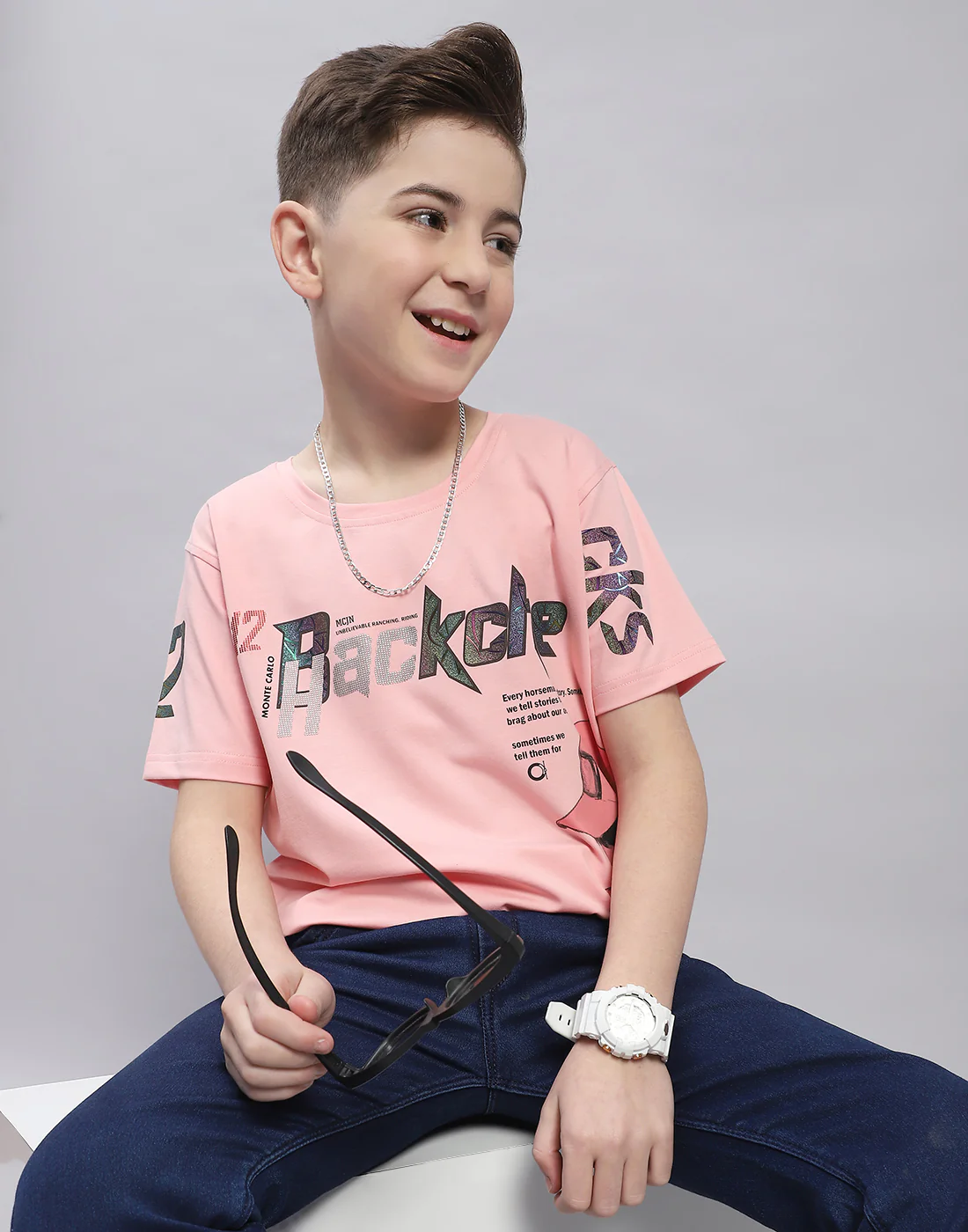 Boys Pink Printed Round Neck Half Sleeve T-Shirt - Image 6