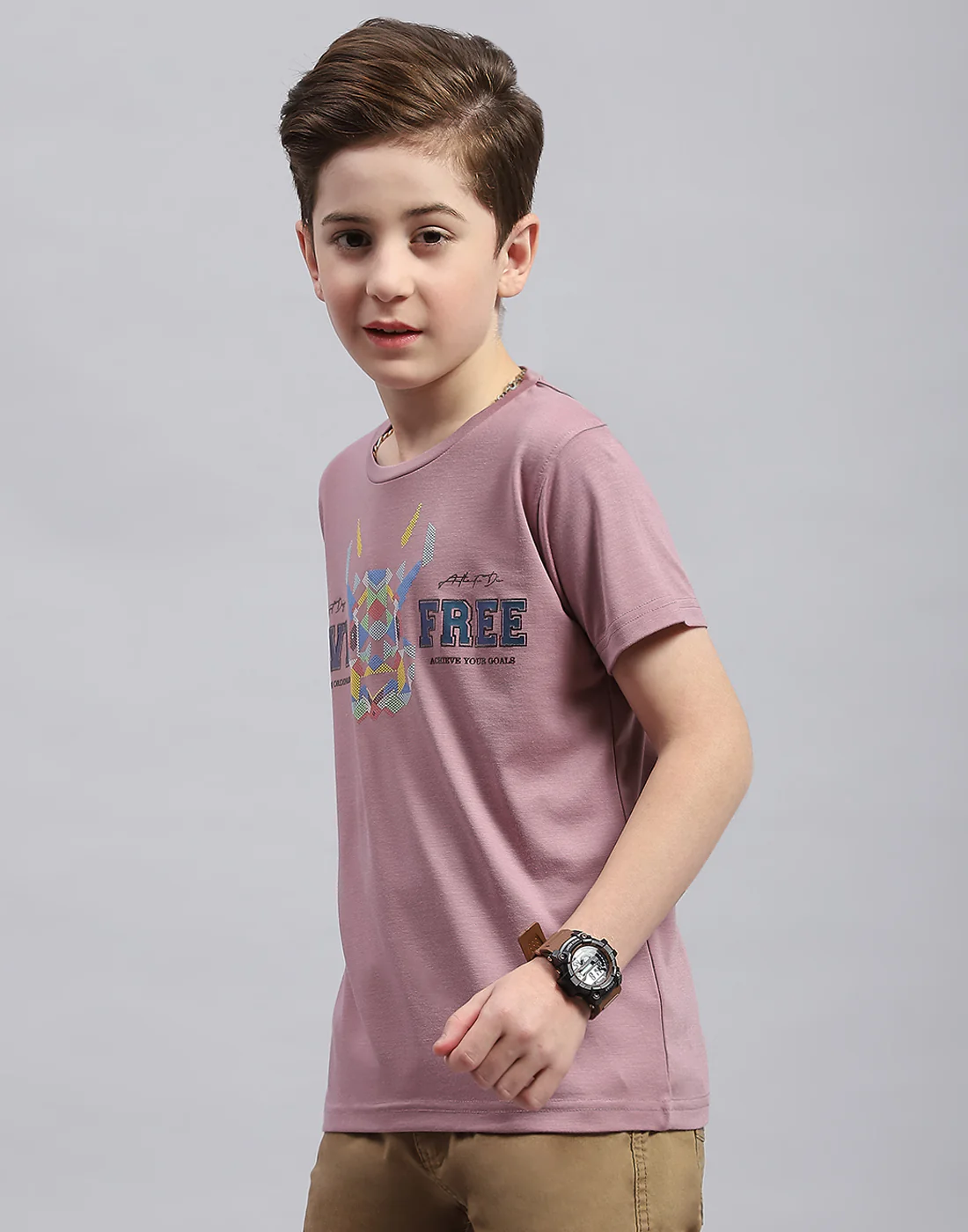 Boys Pink Printed Round Neck Half Sleeve T-Shirt - Image 3