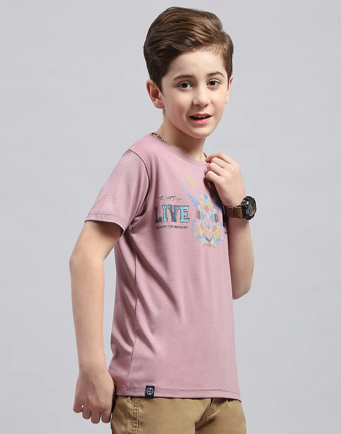 Boys Pink Printed Round Neck Half Sleeve T-Shirt - Image 4