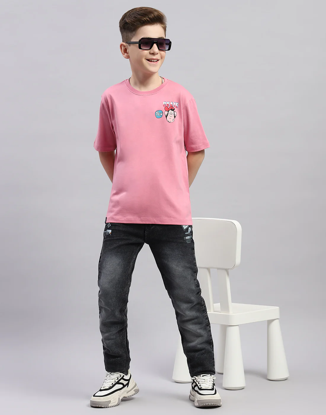 Boys Pink Printed Round Neck Half Sleeve T-Shirt - Image 3