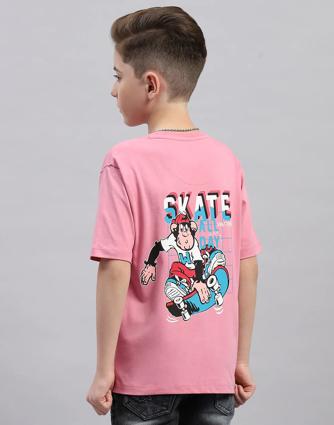 Boys Pink Printed Round Neck Half Sleeve T-Shirt - Image 6