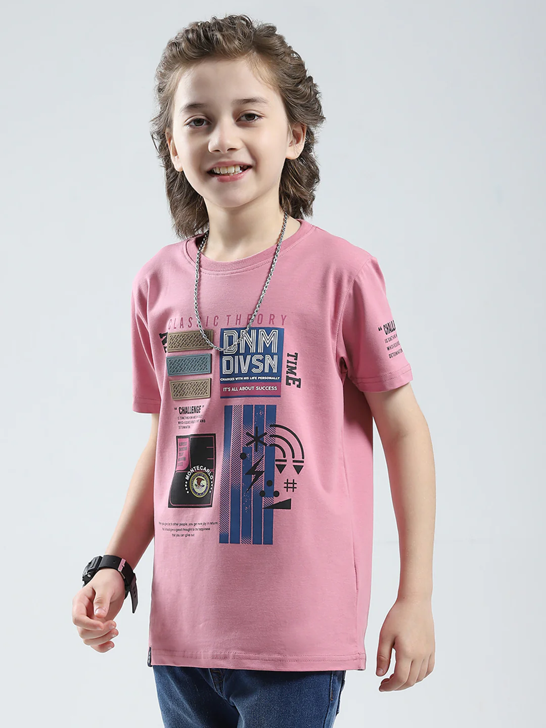 Boys Pink Printed Round Neck Half Sleeve T-Shirt - Image 3