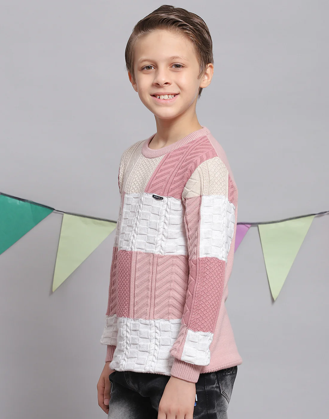 Boys Pink Self Design Round Neck Full Sleeve Sweater - Image 4