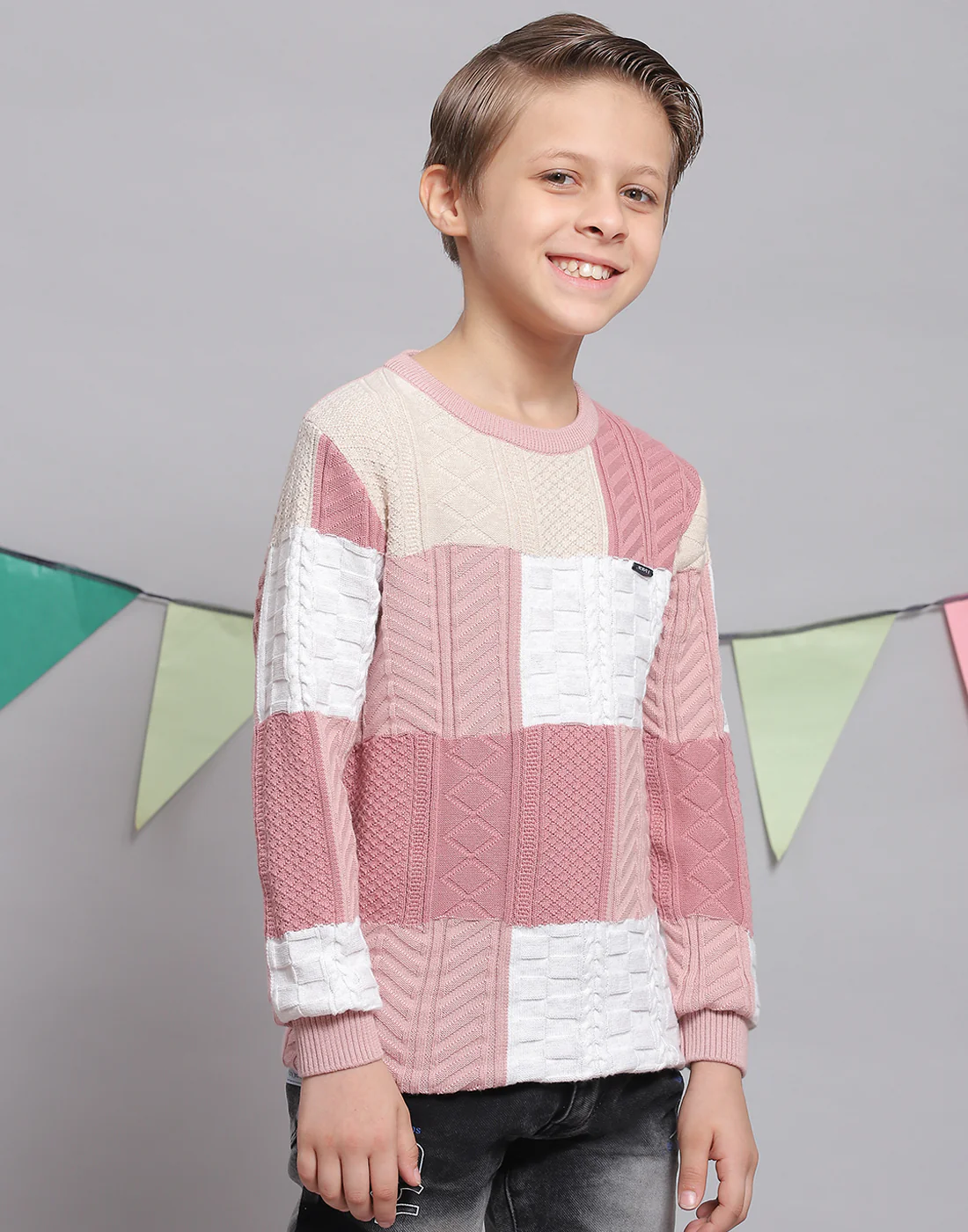 Boys Pink Self Design Round Neck Full Sleeve Sweater - Image 5