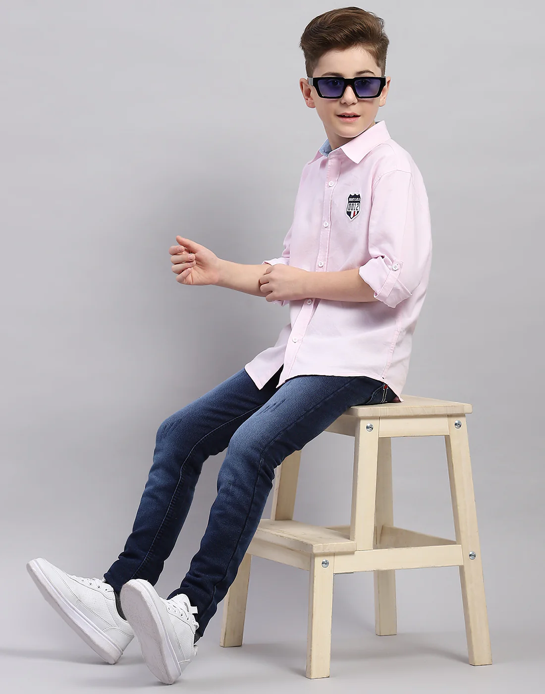Boys Pink Solid Collar Half Sleeve Shirt - Image 2