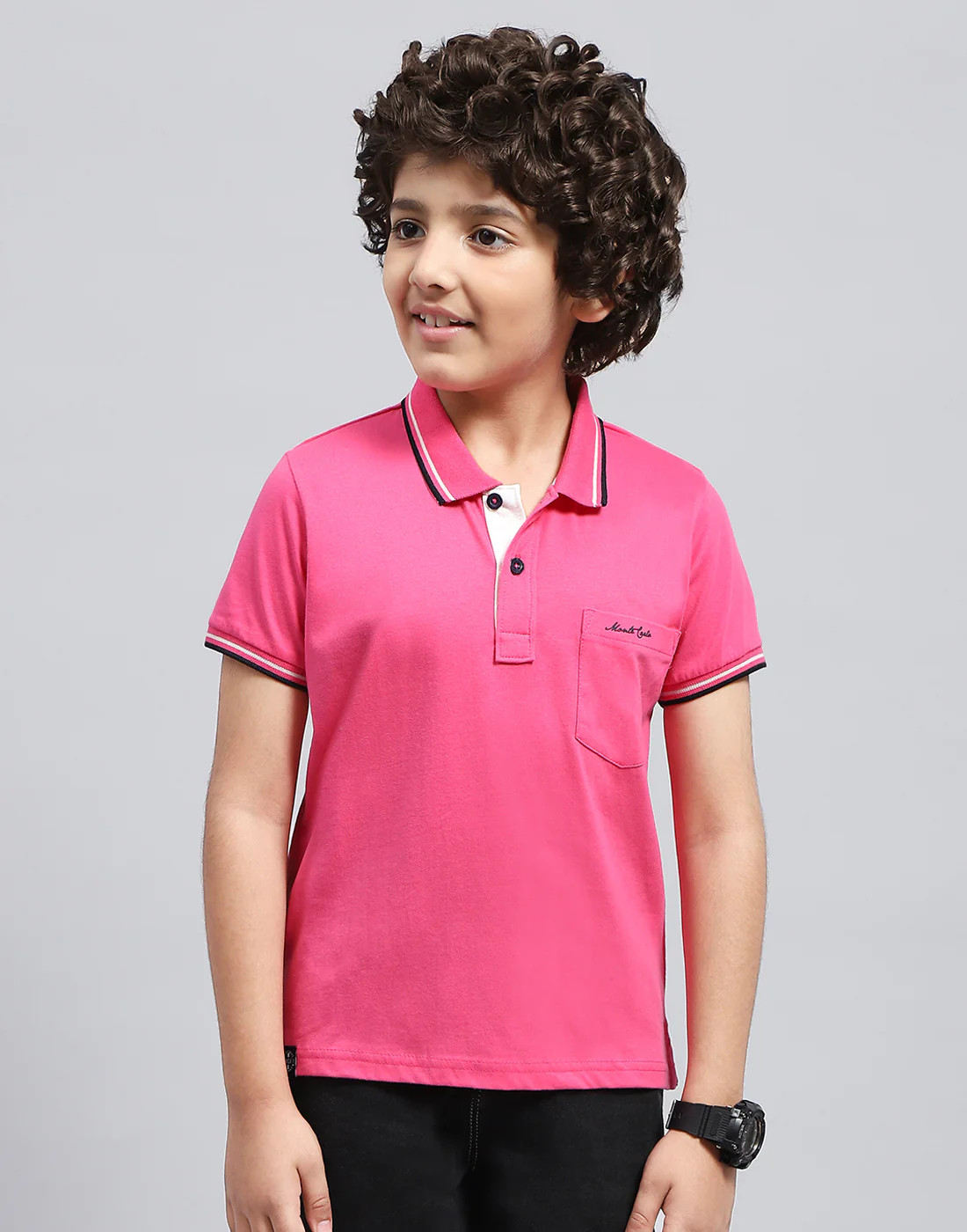 Boys Pink Solid Polo Collar Half Sleeve T-Shirt - Image 3