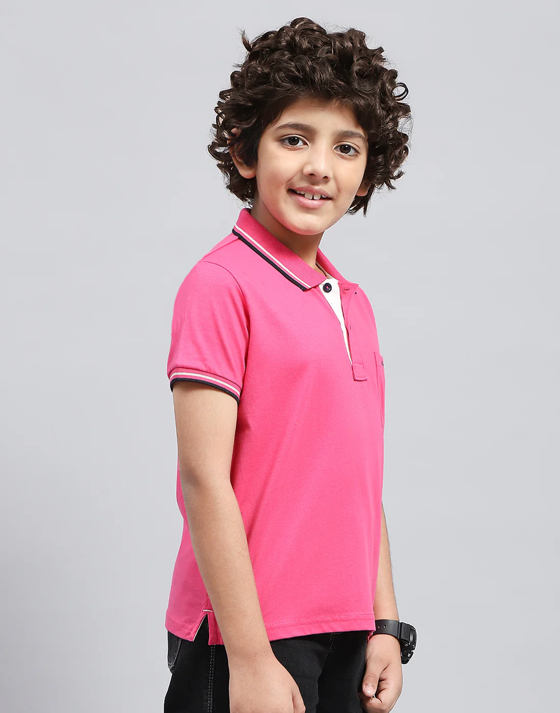 Boys Pink Solid Polo Collar Half Sleeve T-Shirt - Image 5
