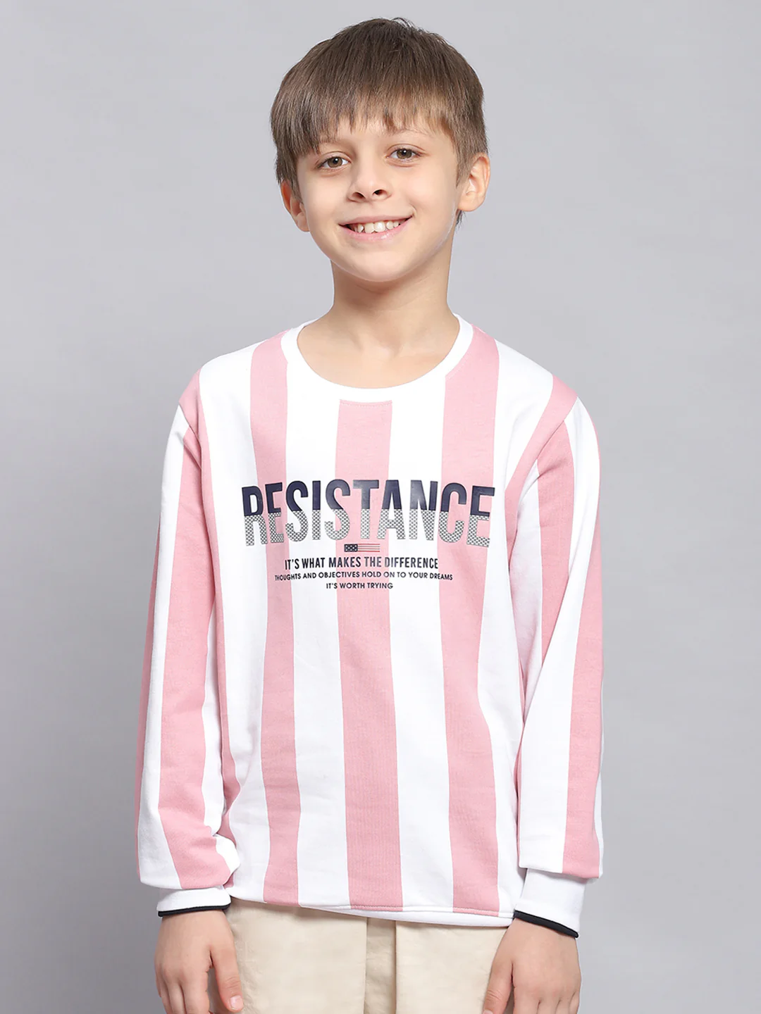 Boys Pink Stripe Round Neck Full Sleeve Sweatshirt - Image 3