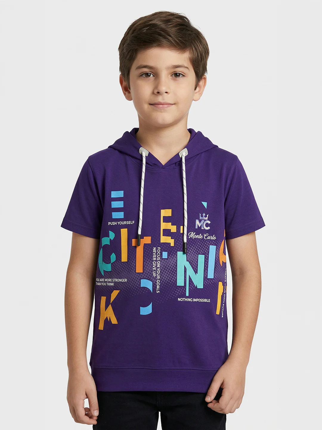 Boys Purple Printed Hooded Half Sleeve T-Shirt - Image 2