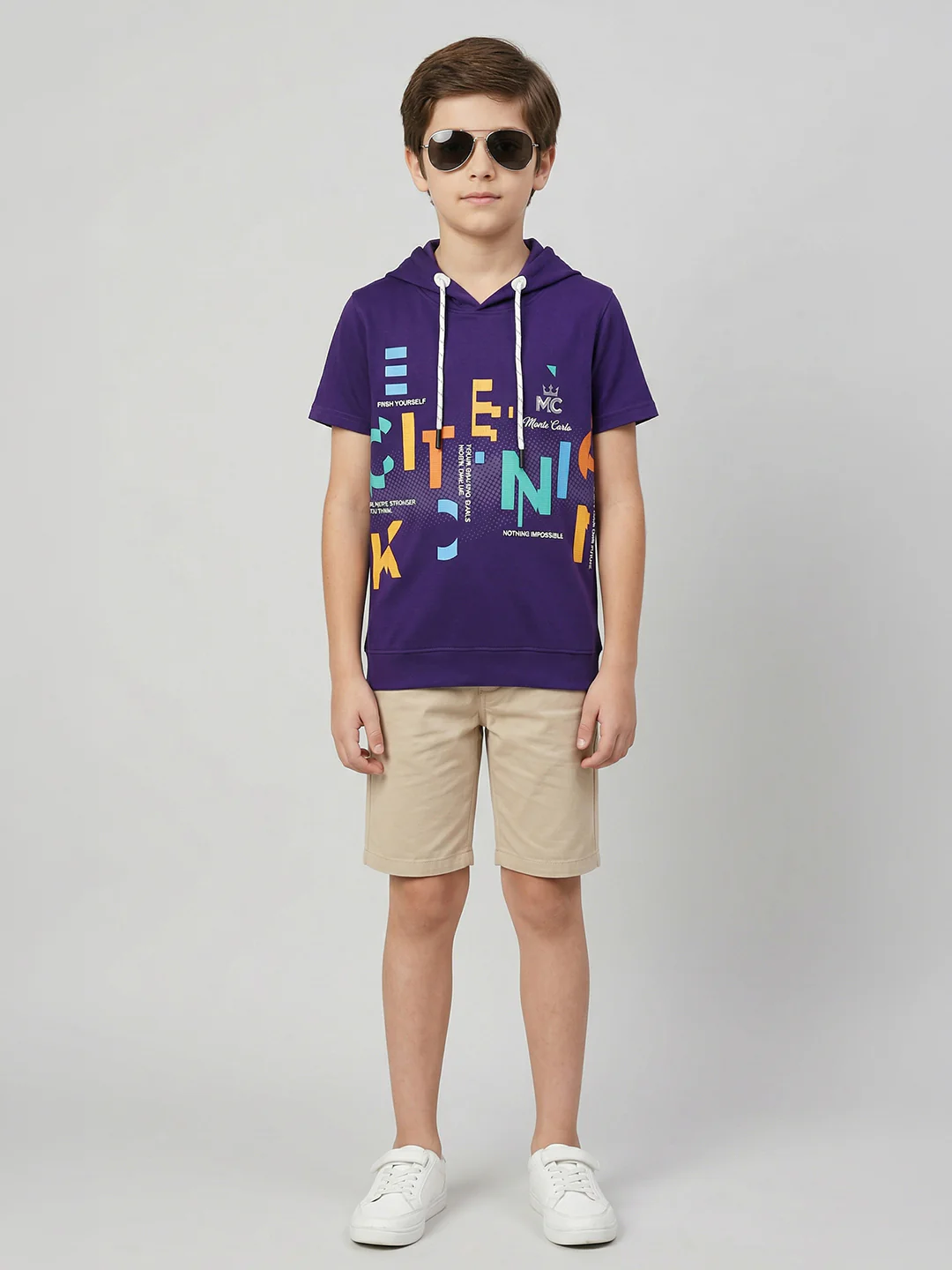 Boys Purple Printed Hooded Half Sleeve T-Shirt - Image 3