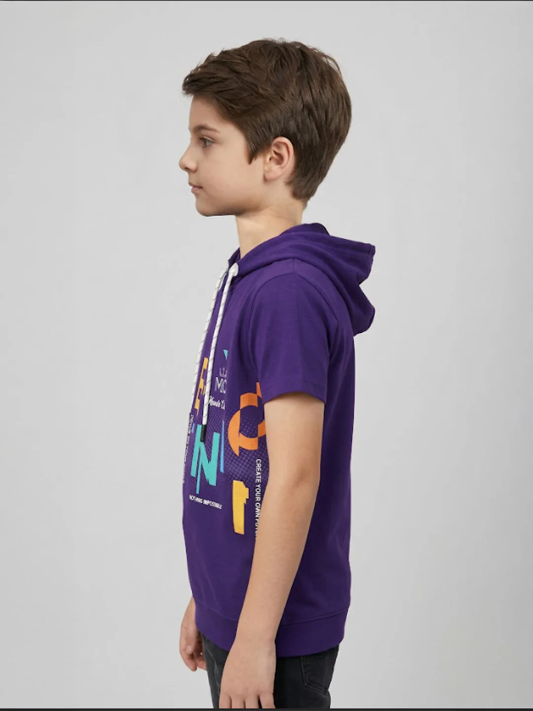 Boys Purple Printed Hooded Half Sleeve T-Shirt - Image 5