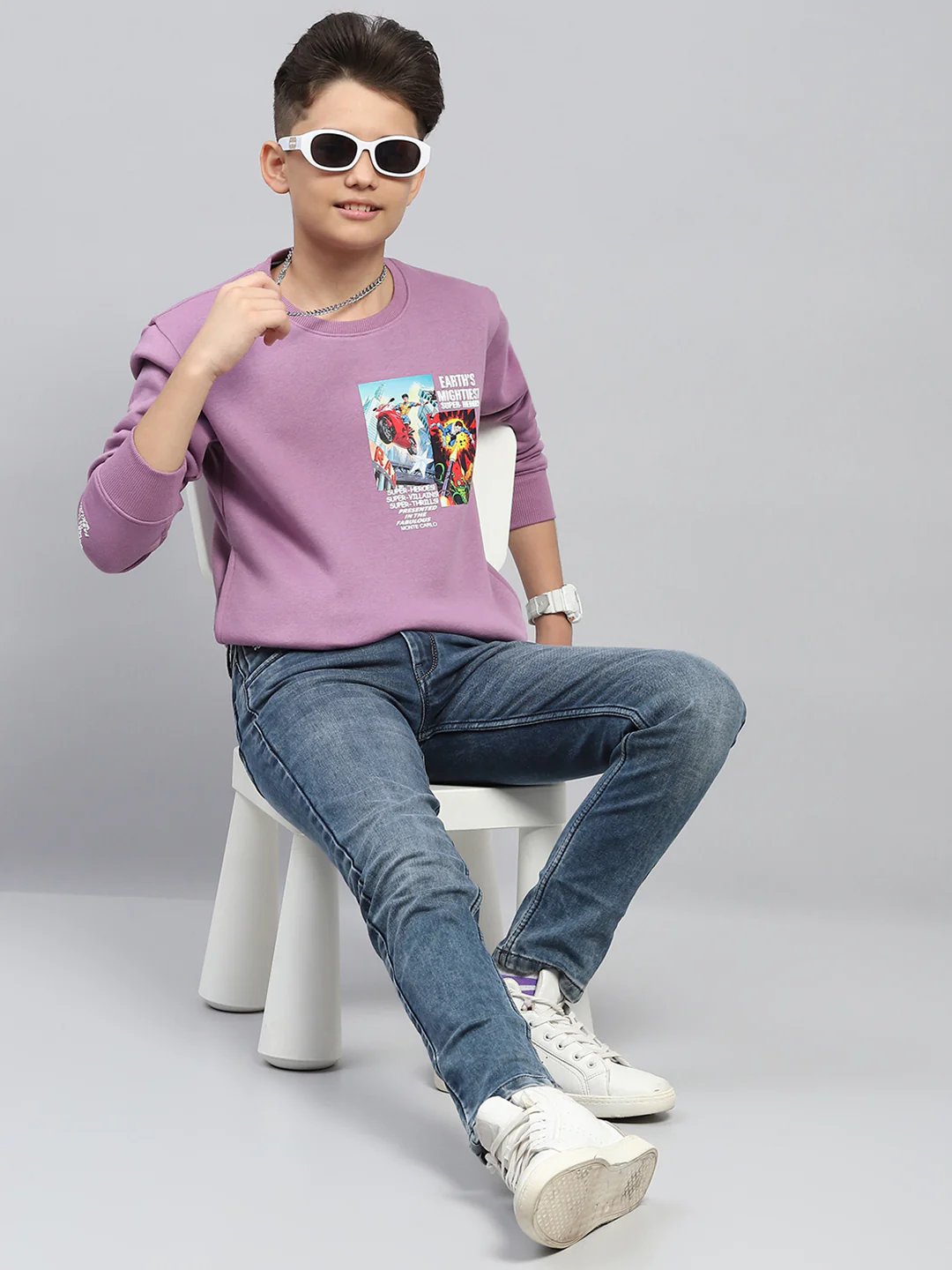 Boys Purple Printed Round Neck Full Sleeve Sweatshirt - Image 2